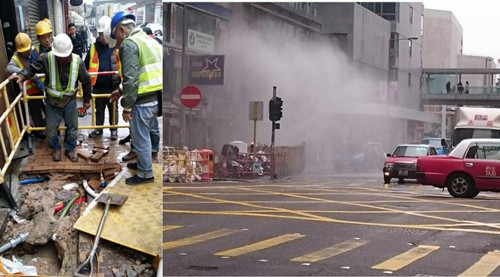 香港一地底水管疑遭鑿穿噴出大量咸水“洗車”